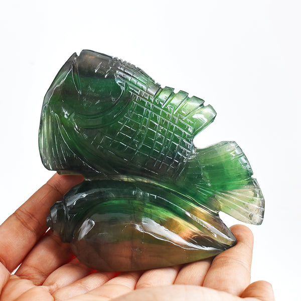 Beautiful 2657.00 Cts Genuine Multicolor Fluorite Hand Carved Crystal Gemstone Carving Fish
