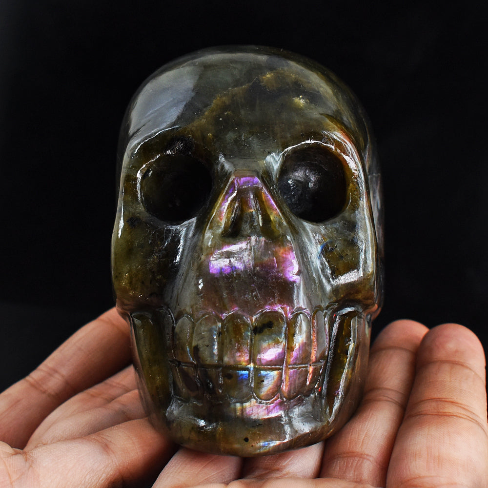 Gorgeous 3442.00 Cts Genuine Pink & Orange Flash Labradorite Hand Carved Crystal Skull Carving