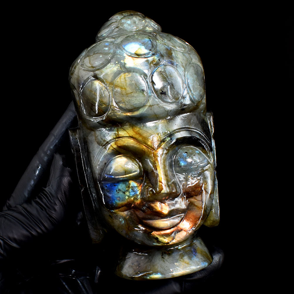 Stunning 2115.00 Cts Genuine Golden & Blue Flash Labradorite Carved Crystal Gemstone Buddha Head