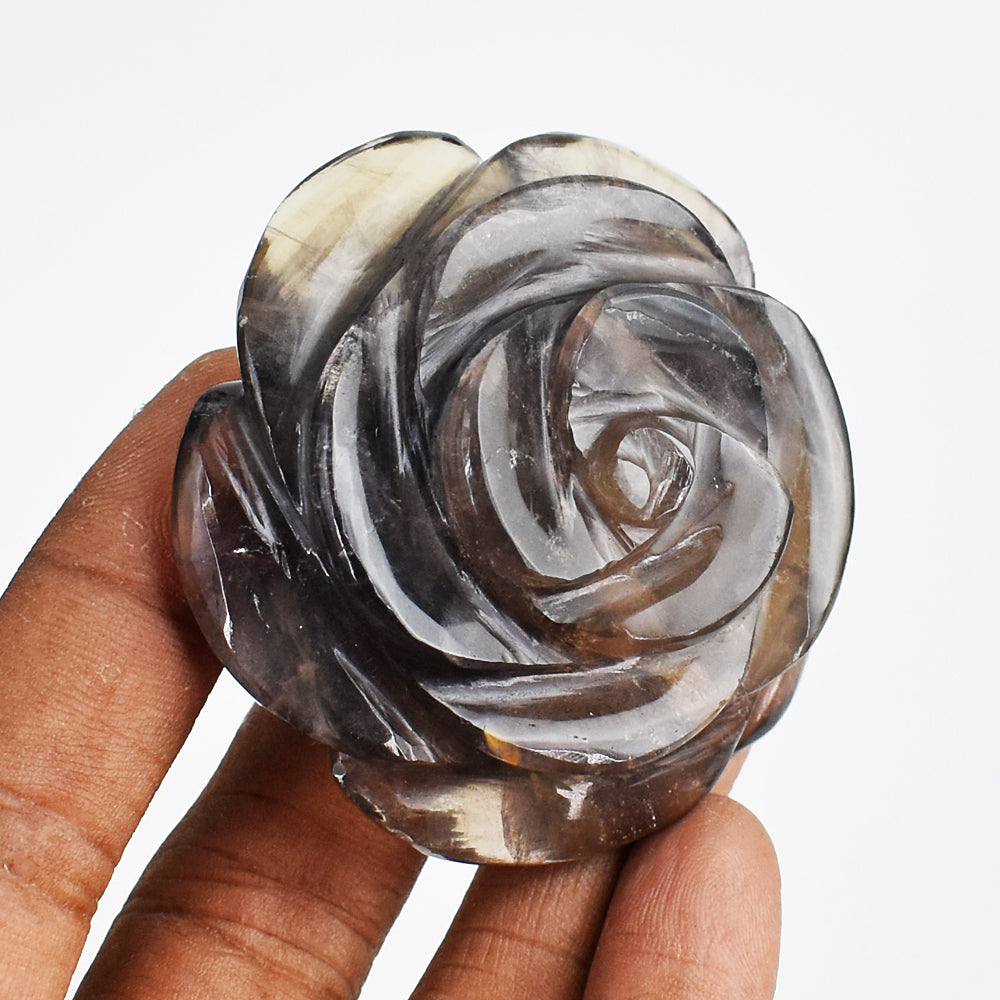 Artisian 469.00 Carats  Genuine  Smoky Quartz  Hand  Carved  Rose  Flower Gemstone  Carving