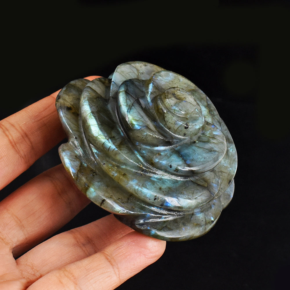 Exclusive 1106.00 Carats  Genuine  Blue  Flash Labradorite Hand Carved  Gemstone  Crystal Rose Flower  Carving