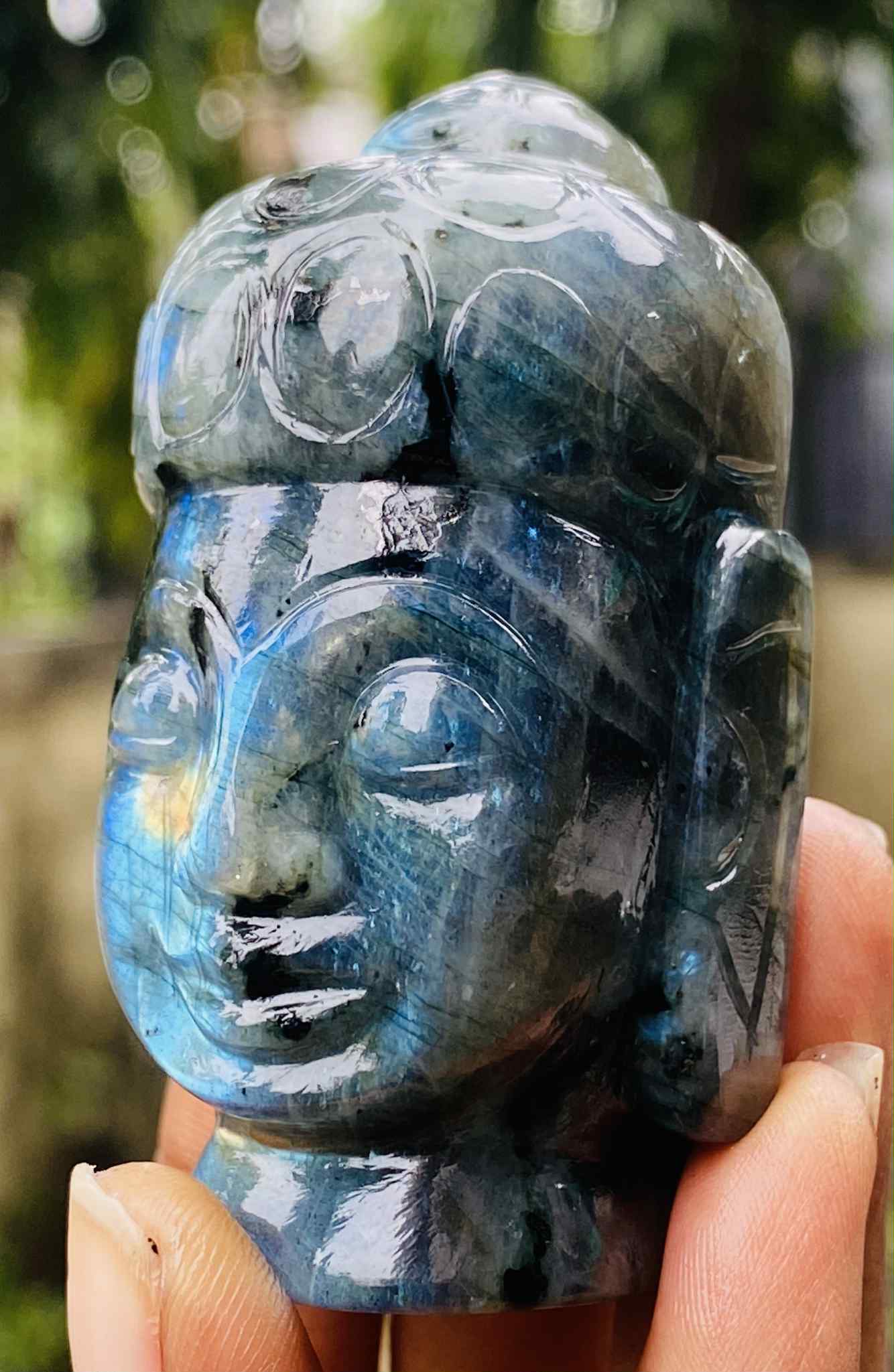 Stunning 647.00 Cts Genuine Natural Blue Flash Labradorite Hand Carved Gemstone Buddha Head Crystal Carving