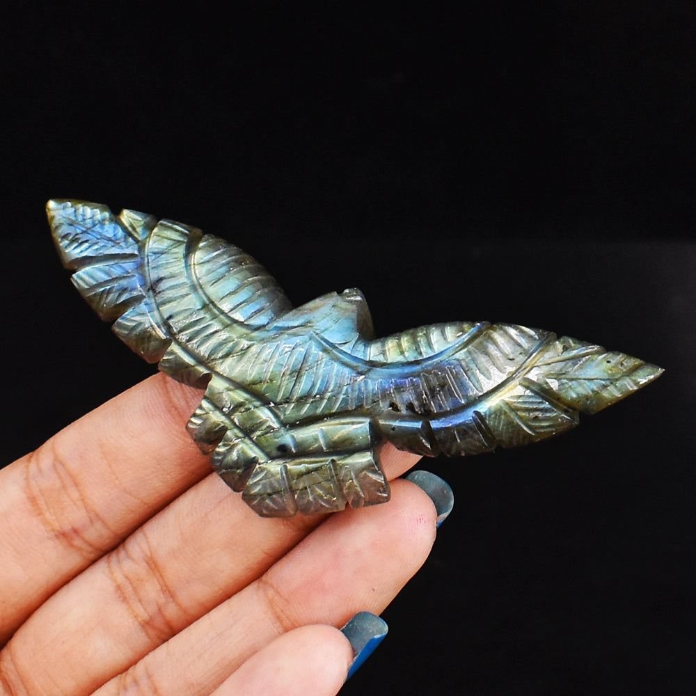 Amazing  99.00 Carats  Amazing Flash Labradorite   Hand Carved Genuine Crystal Eagle  Carving