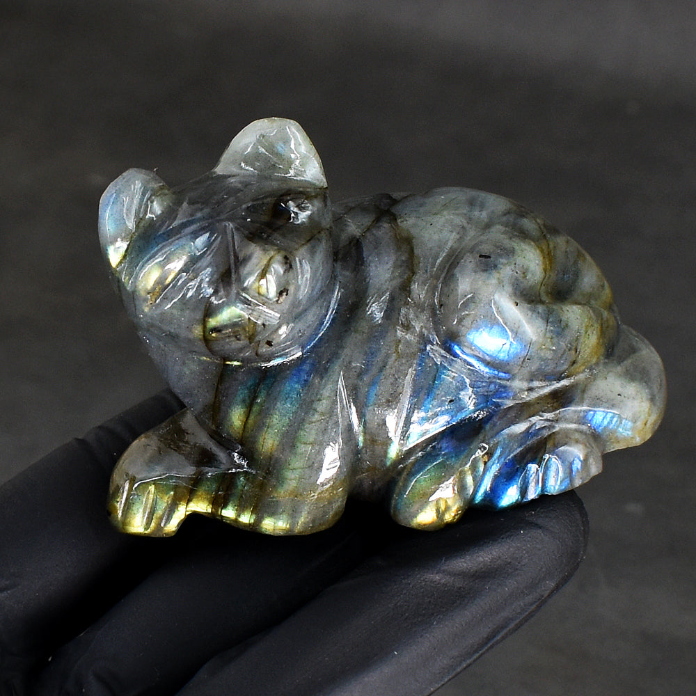 Awesome 595.00 Cts Genuine Amazing Flash Labradorite Hand Carved Crystal Gemstone Cat Carving