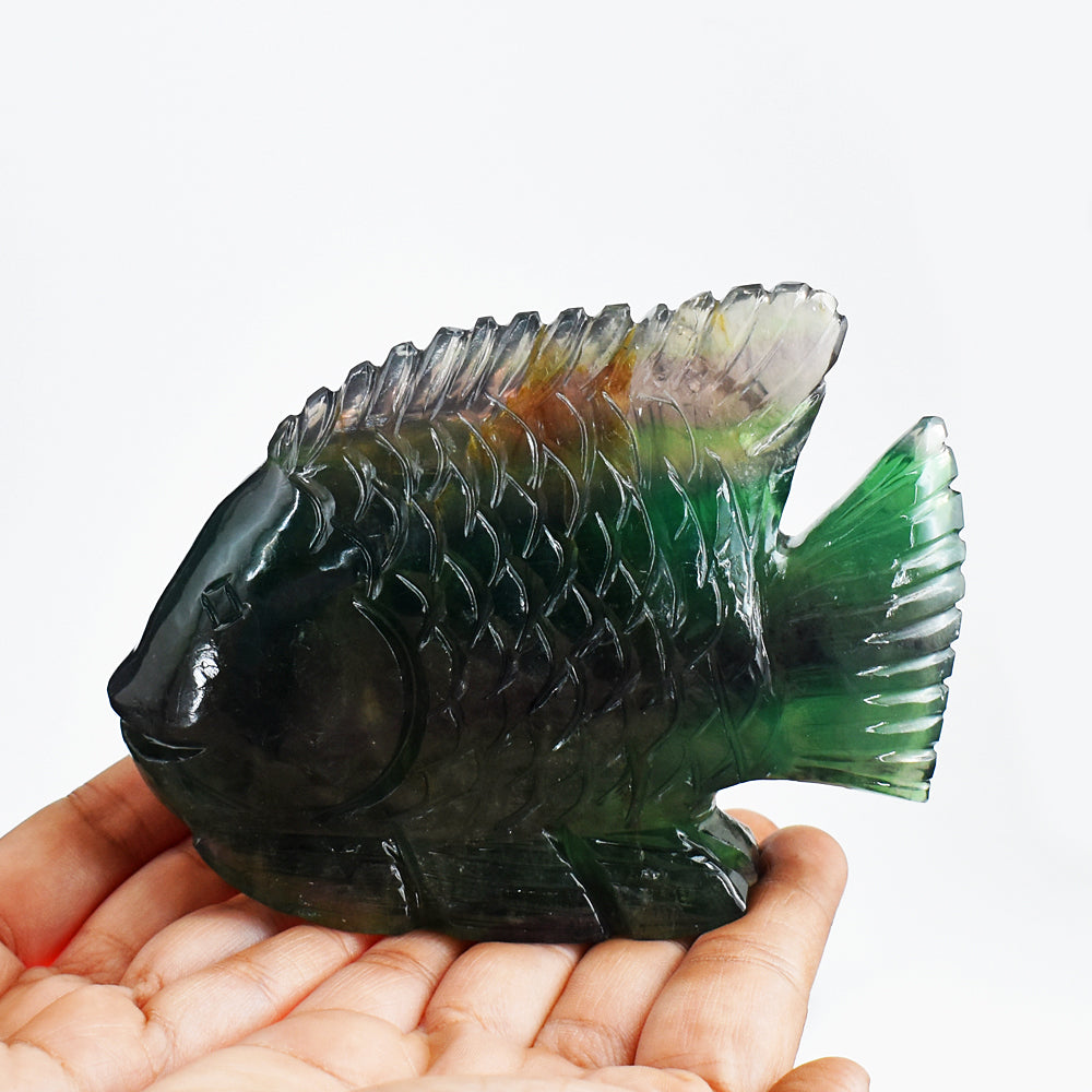 Exclusive  2971.00 Carats Genuine Multicolor Fluorite Hand Carved  Crystal Gemstone Carving Fish