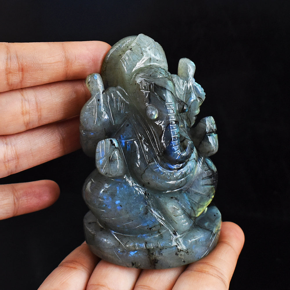 Exclusive 1541.00 Cts  Genuine  Amazing Flash Labradorite Hand Carved Crystal Gemstone Carving Lord Ganesha
