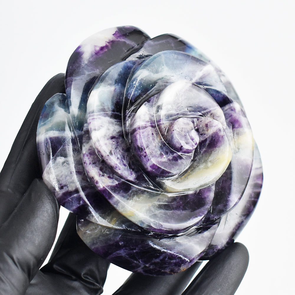 Stunning 1429.00 Cts Genuine Multicolor Fluorite Hand Carved Rose Gemstone Crystal Carving
