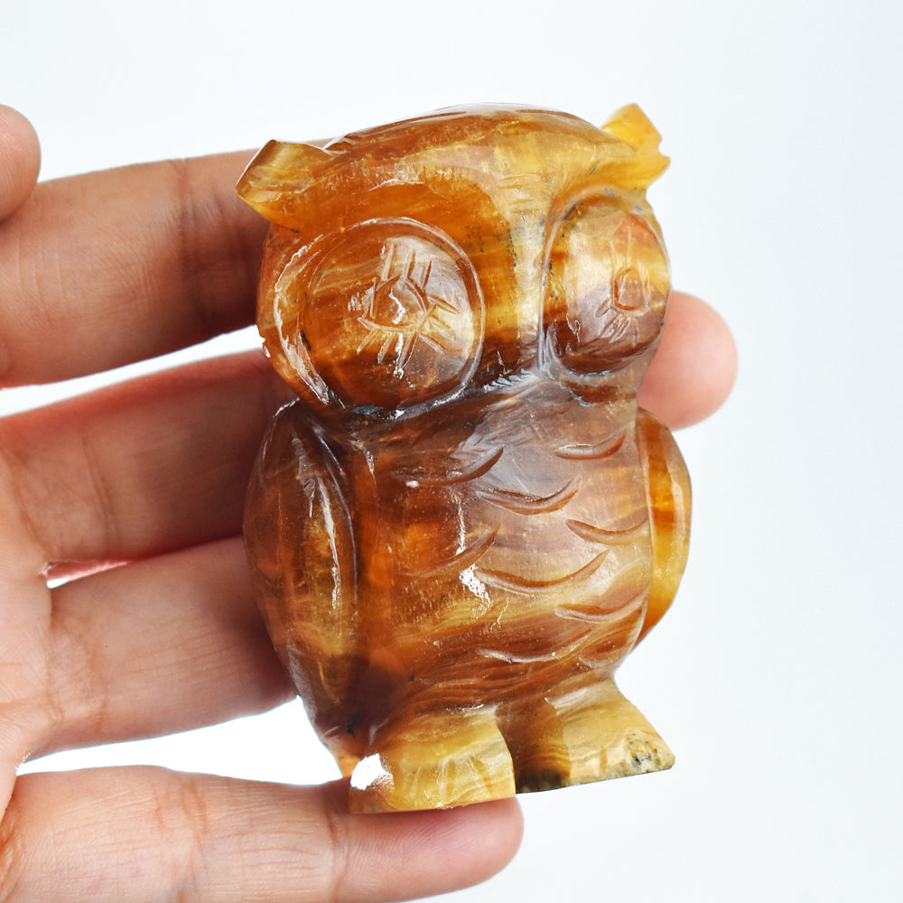Exclusive 808.00 Cts Genuine Multicolor Fluorite Hand Carved  Crystal Gemstone Owl Carving