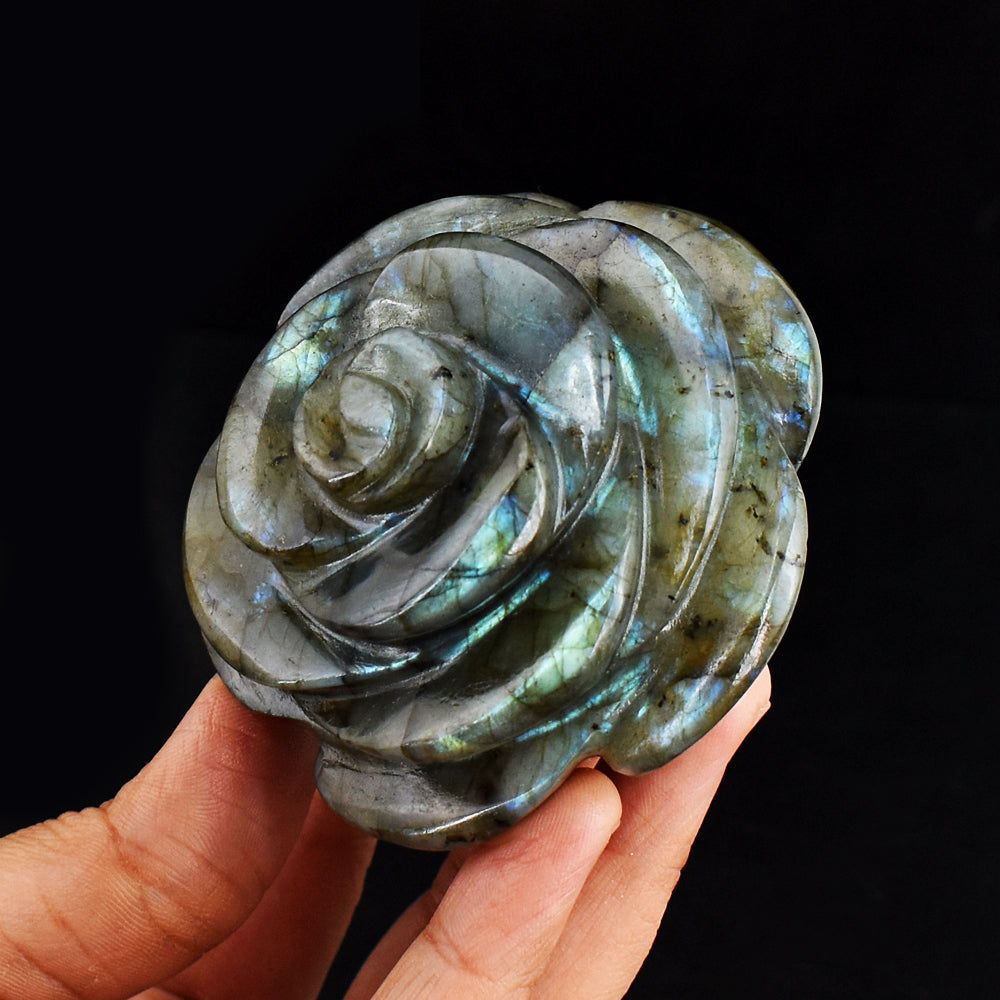 Exclusive 1106.00 Carats  Genuine  Blue  Flash Labradorite Hand Carved  Gemstone  Crystal Rose Flower  Carving