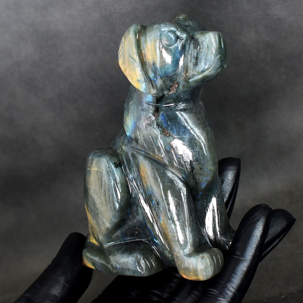 Craftsmen 1956.00 Cts Genuine Orange & Blue Flash Labradorite Hand Carved Dog Crystal Gemstone Carving