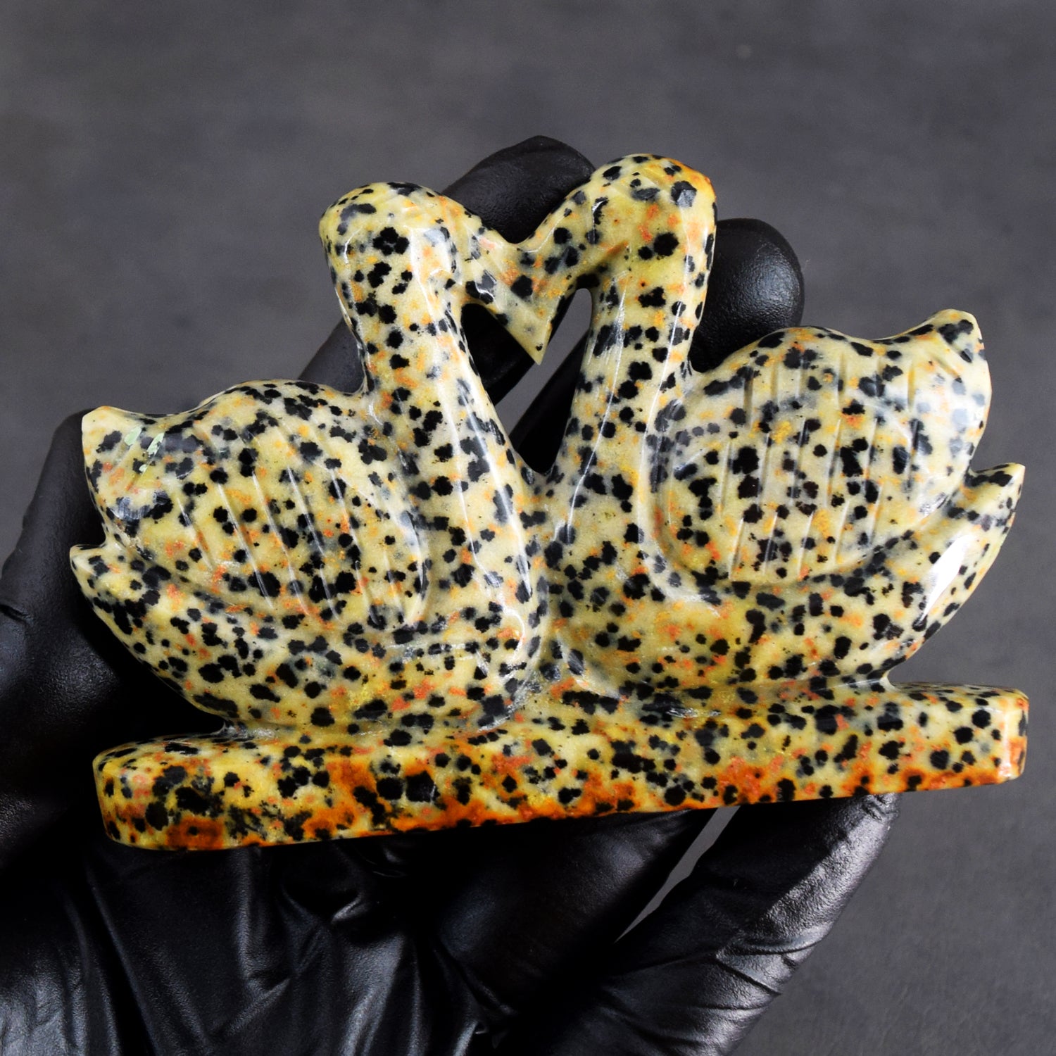 Fabulous 648.00 Cts Genuine Dalmation Jasper Carved Premium Love Swan Pair