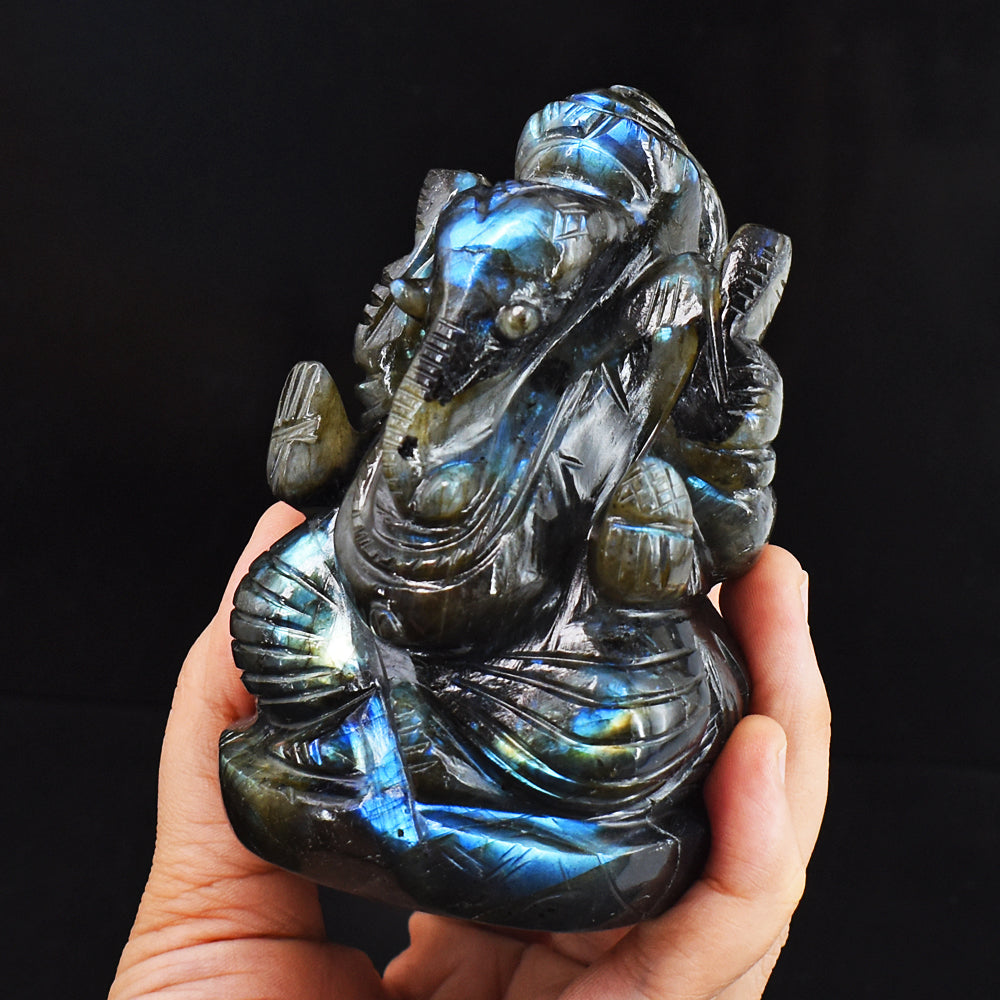 Gorgeous 2445.00 Cts  Genuine  Blue Flash Labradorite Hand Carved Crystal Gemstone Carving Lord Ganesha