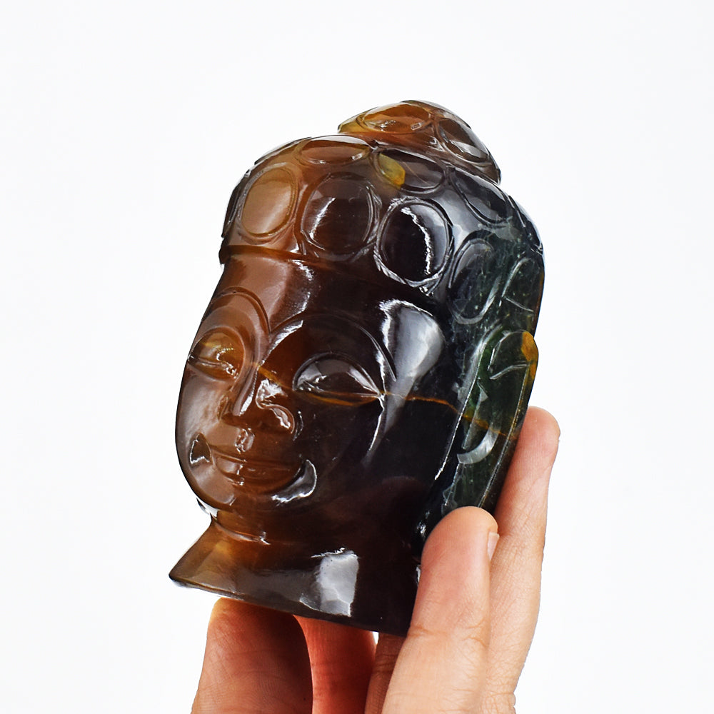 Genuine 2064.00 Carats Multicolor Fluorite Hand Carved Crystal Buddha Head  Gemstone Carving