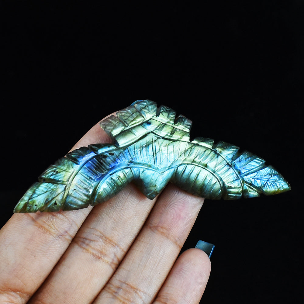 Amazing  99.00 Carats  Amazing Flash Labradorite   Hand Carved Genuine Crystal Eagle  Carving