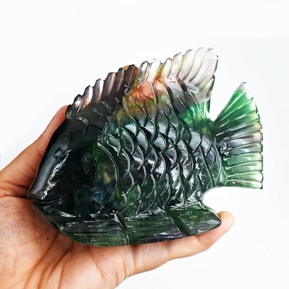 Exclusive  2971.00 Carats Genuine Multicolor Fluorite Hand Carved  Crystal Gemstone Carving Fish