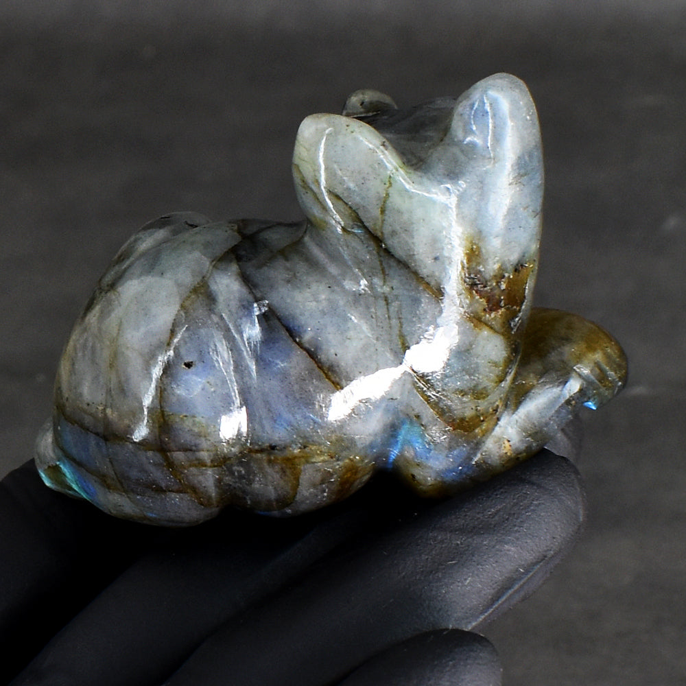 Awesome 595.00 Cts Genuine Amazing Flash Labradorite Hand Carved Crystal Gemstone Cat Carving