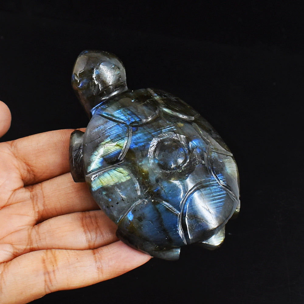 Artisian  694.00 Carats Genuine Blue & Golden Flash Labradorite Hand Carved  Crystal  Turtle Carving