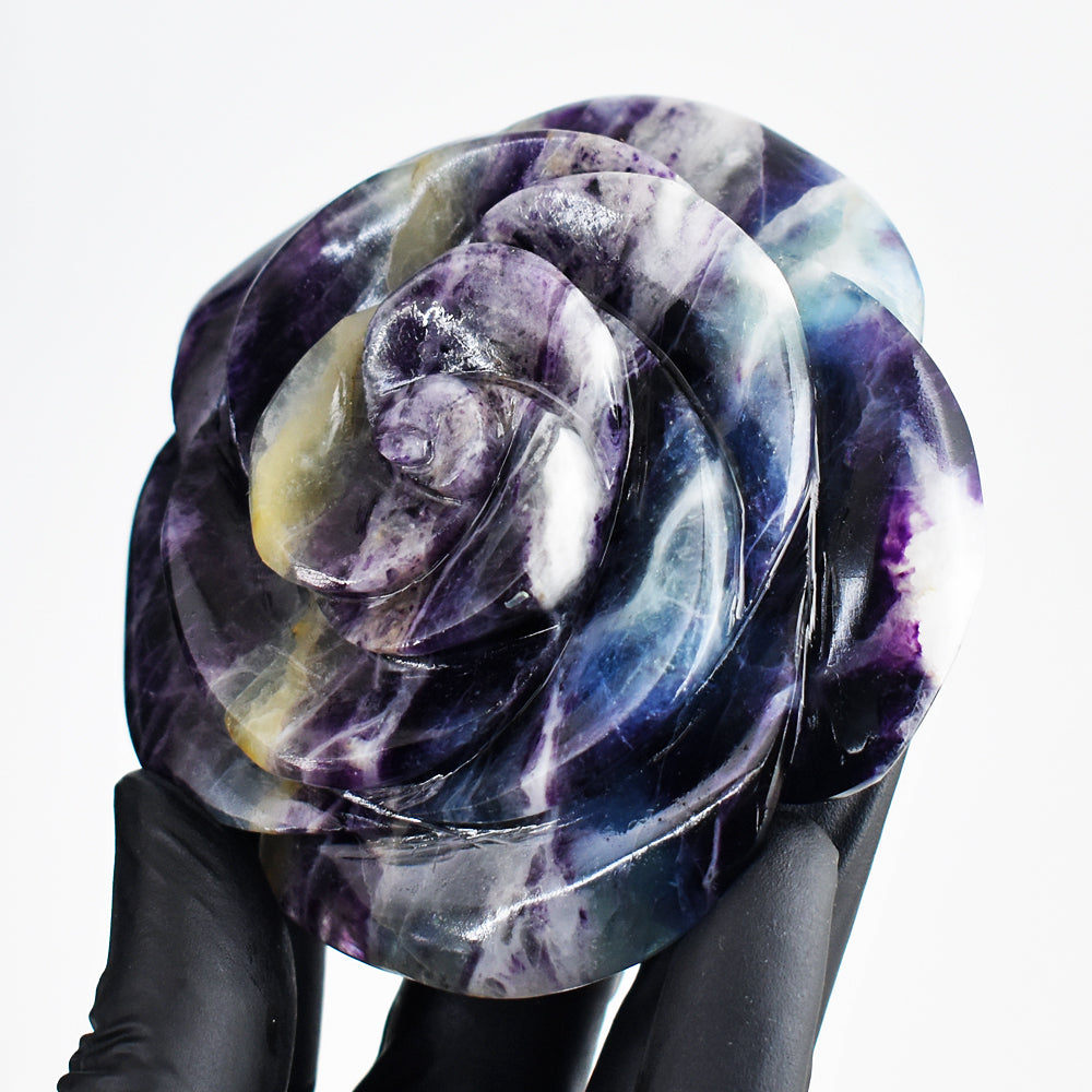 Stunning 1429.00 Cts Genuine Multicolor Fluorite Hand Carved Rose Gemstone Crystal Carving