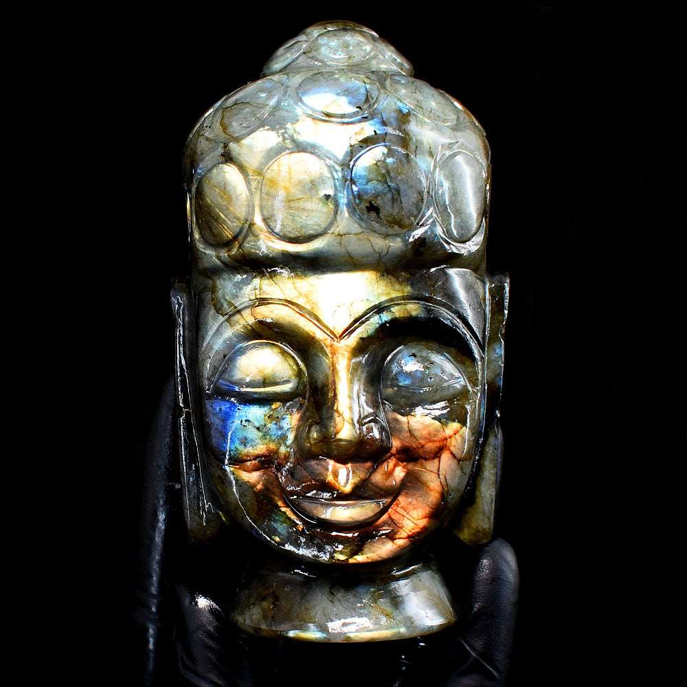 Stunning 2115.00 Cts Genuine Golden & Blue Flash Labradorite Carved Crystal Gemstone Buddha Head