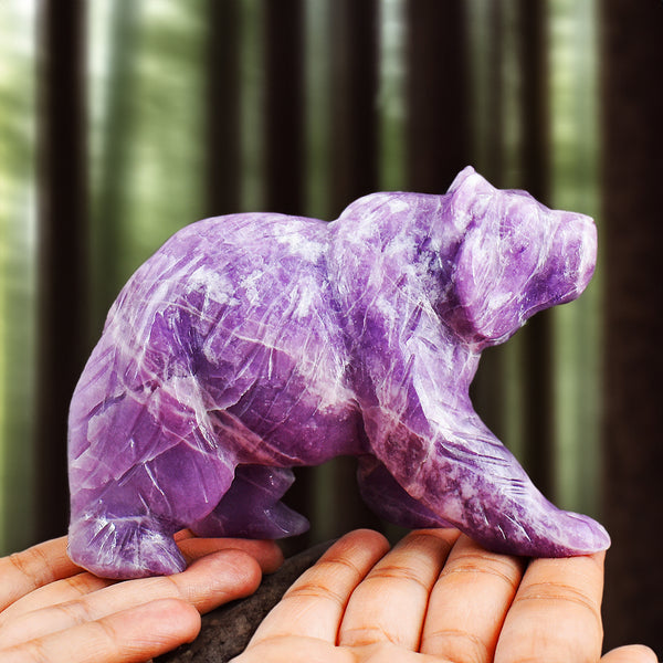 Exclusive 2413.00 Carats Genuine Lepidolite Hand Carved Crystal Gemstone Carving Bear