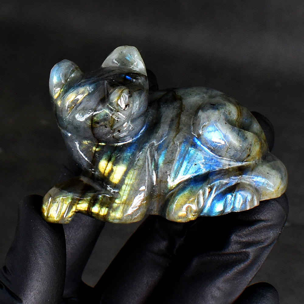 Awesome 595.00 Cts Genuine Amazing Flash Labradorite Hand Carved Crystal Gemstone Cat Carving
