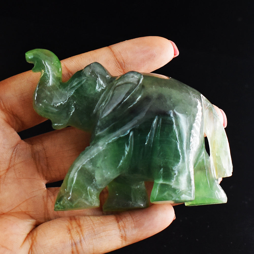 Exclusive  715.00 Cts Genuine Multicolor Fluorite Hand Carved  Crystal  Gemstone  Carving Elephant