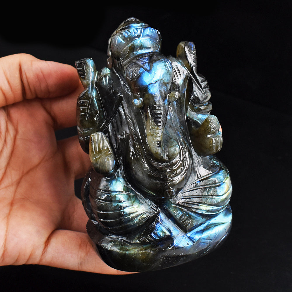 Gorgeous 2445.00 Cts  Genuine  Blue Flash Labradorite Hand Carved Crystal Gemstone Carving Lord Ganesha