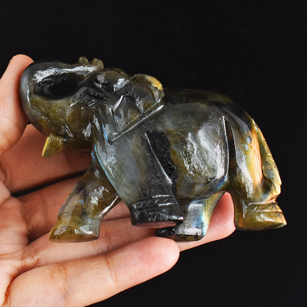 Craftsmen 694.00 Cts Genuine  Labradorite  Hand Carved Crystal Gemstone Carving  Elephant