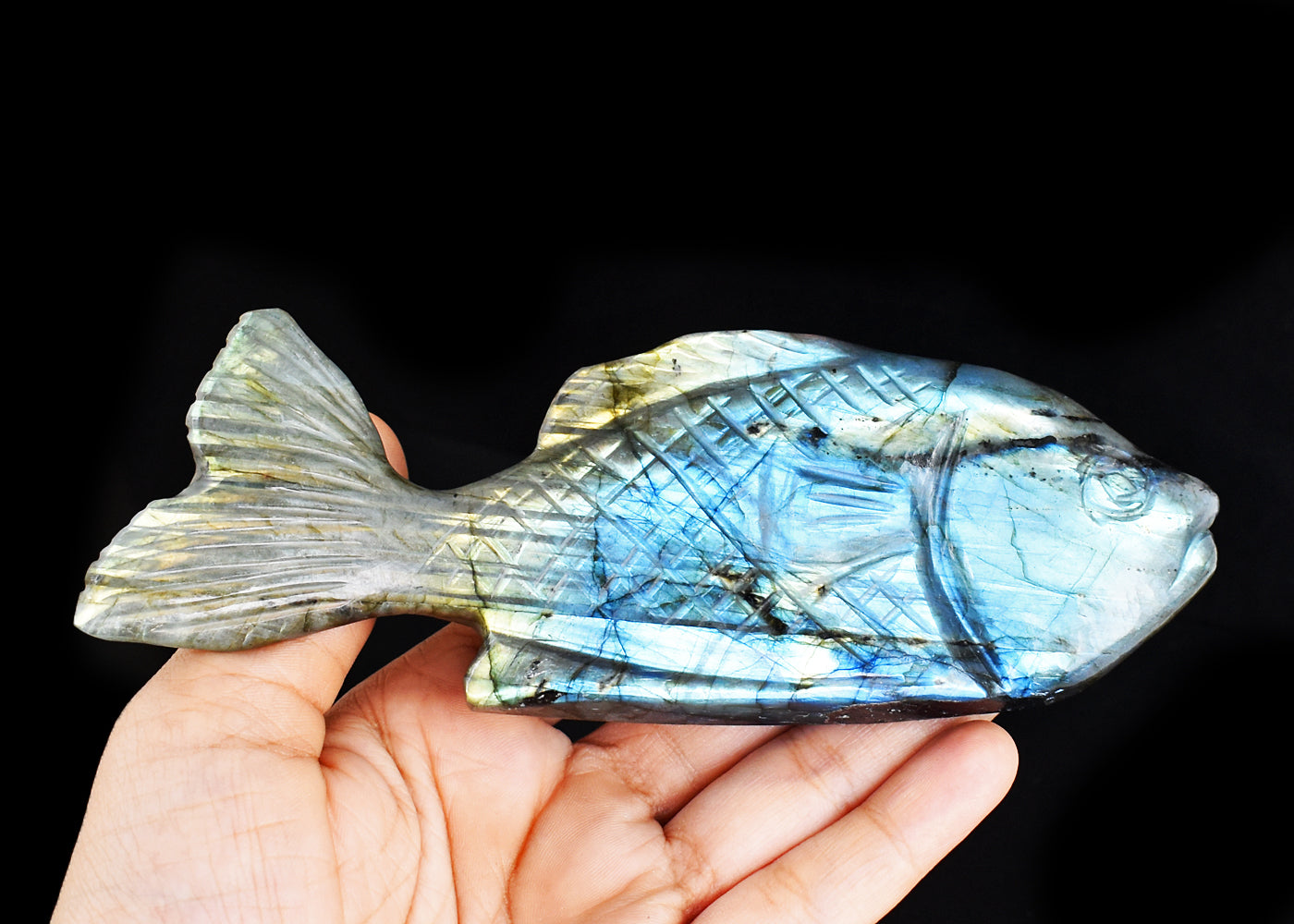 Awesome 1027.00 Cts Genuine Amazing Flash LabradoriteHand Carved Gemstone Carving Fish