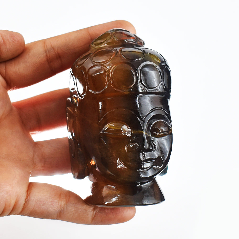Genuine 2064.00 Carats Multicolor Fluorite Hand Carved Crystal Buddha Head  Gemstone Carving