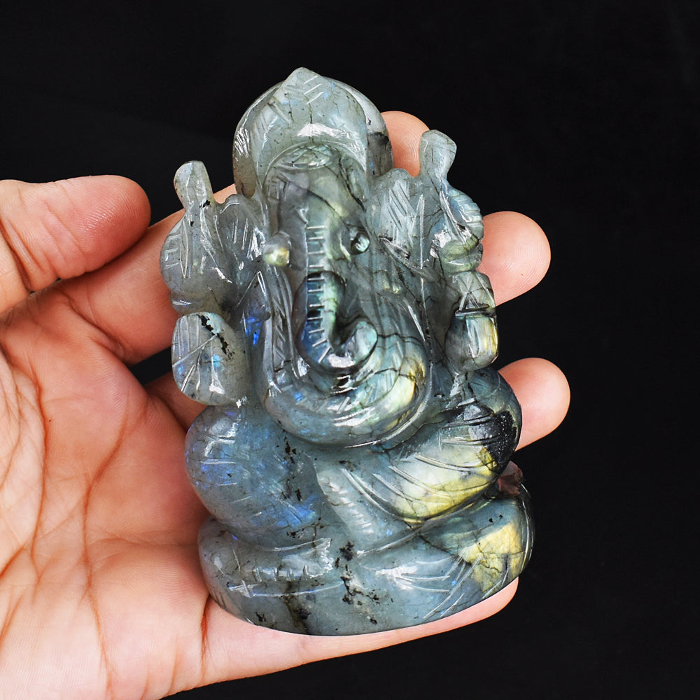 Exclusive 1541.00 Cts  Genuine  Amazing Flash Labradorite Hand Carved Crystal Gemstone Carving Lord Ganesha