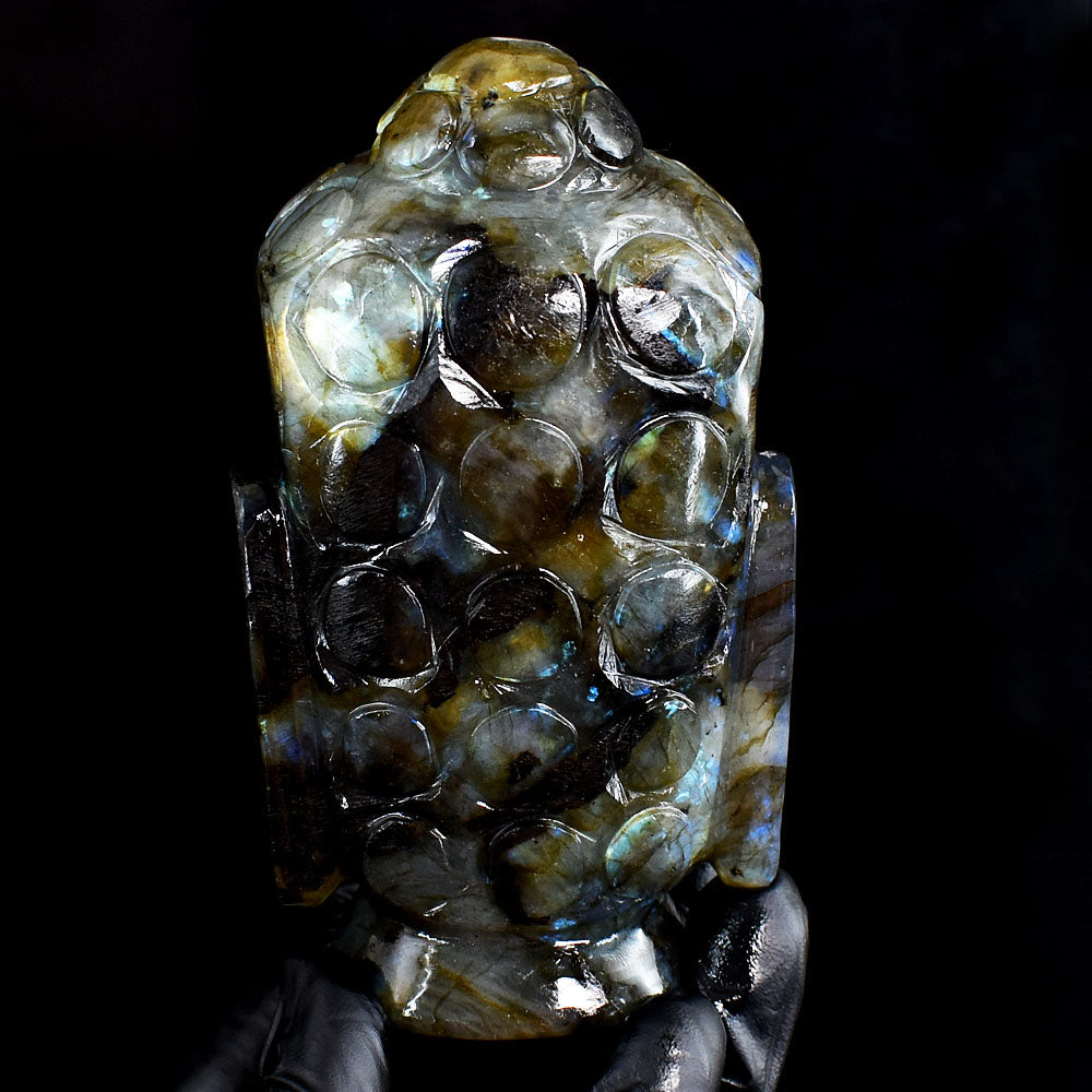 Stunning 2115.00 Cts Genuine Golden & Blue Flash Labradorite Carved Crystal Gemstone Buddha Head