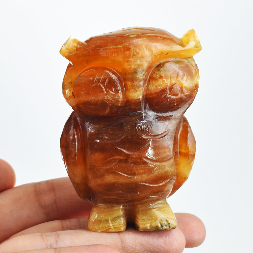 Exclusive 808.00 Cts Genuine Multicolor Fluorite Hand Carved  Crystal Gemstone Owl Carving