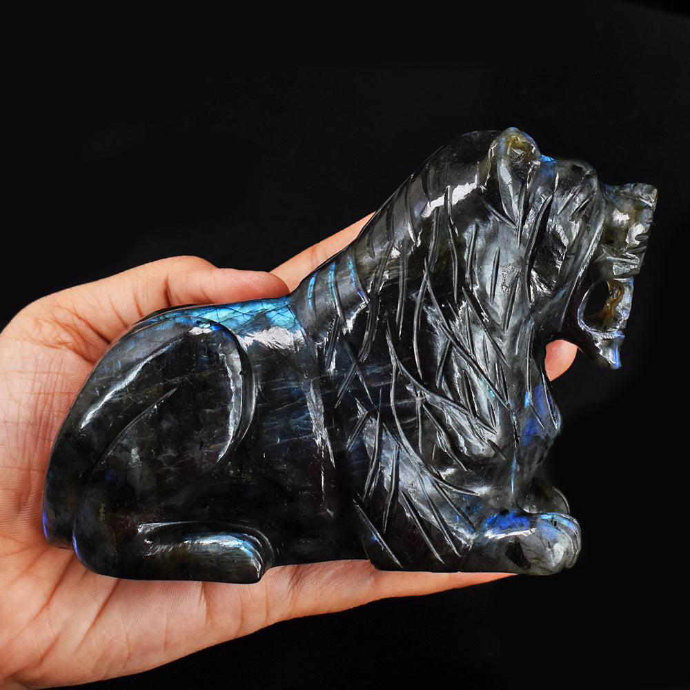 Blue Flash Labradorite  3411.00 Cts Genuine Hand Carved  Crystal Gemstone Lion Carving