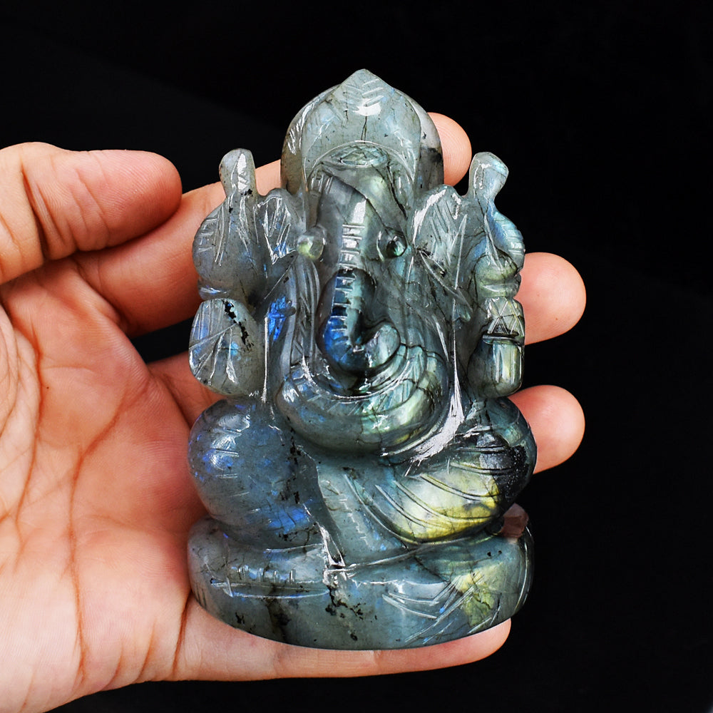 Exclusive 1541.00 Cts  Genuine  Amazing Flash Labradorite Hand Carved Crystal Gemstone Carving Lord Ganesha