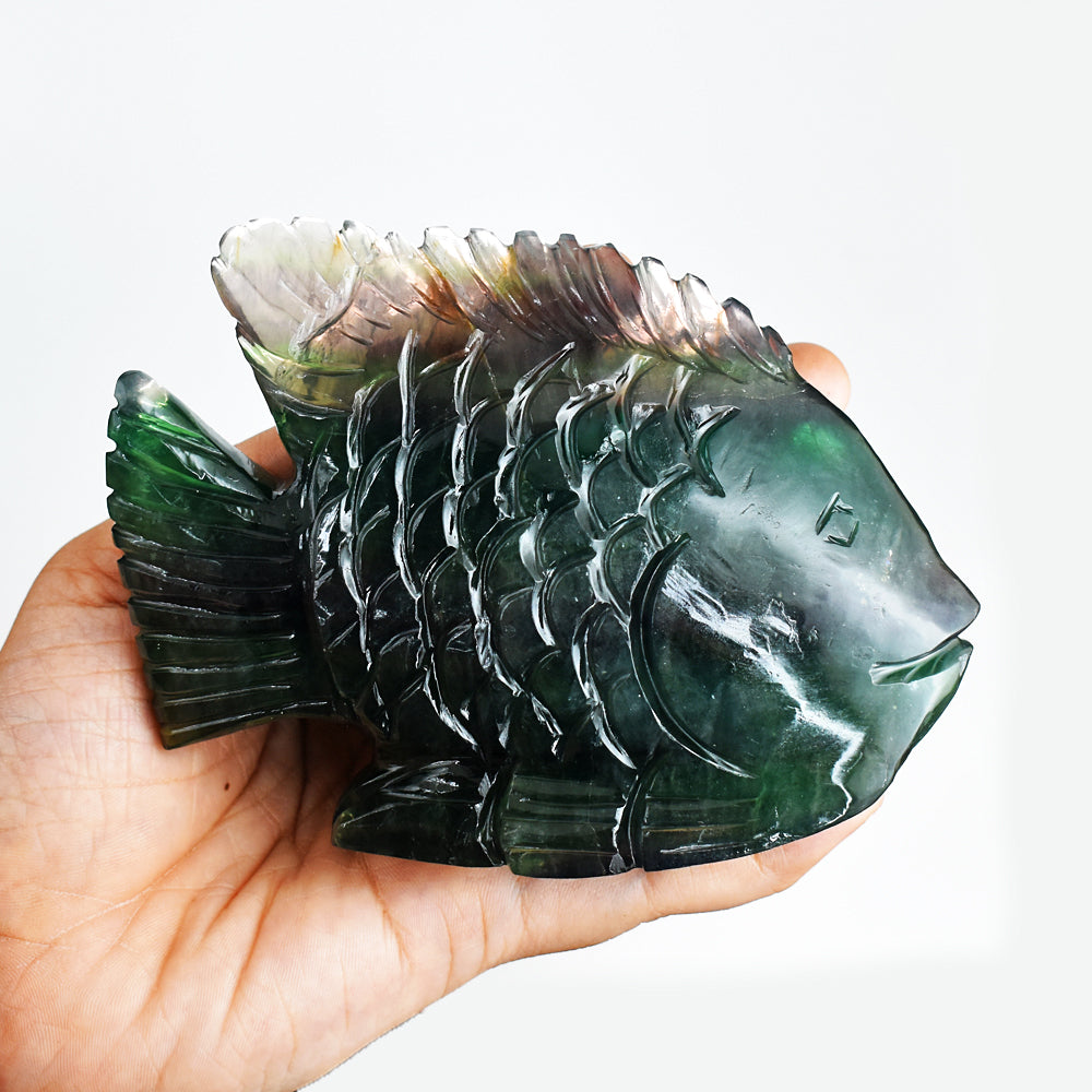 Exclusive  2971.00 Carats Genuine Multicolor Fluorite Hand Carved  Crystal Gemstone Carving Fish