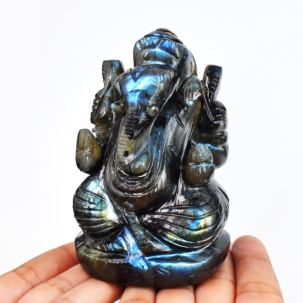 Gorgeous 2445.00 Cts  Genuine  Blue Flash Labradorite Hand Carved Crystal Gemstone Carving Lord Ganesha