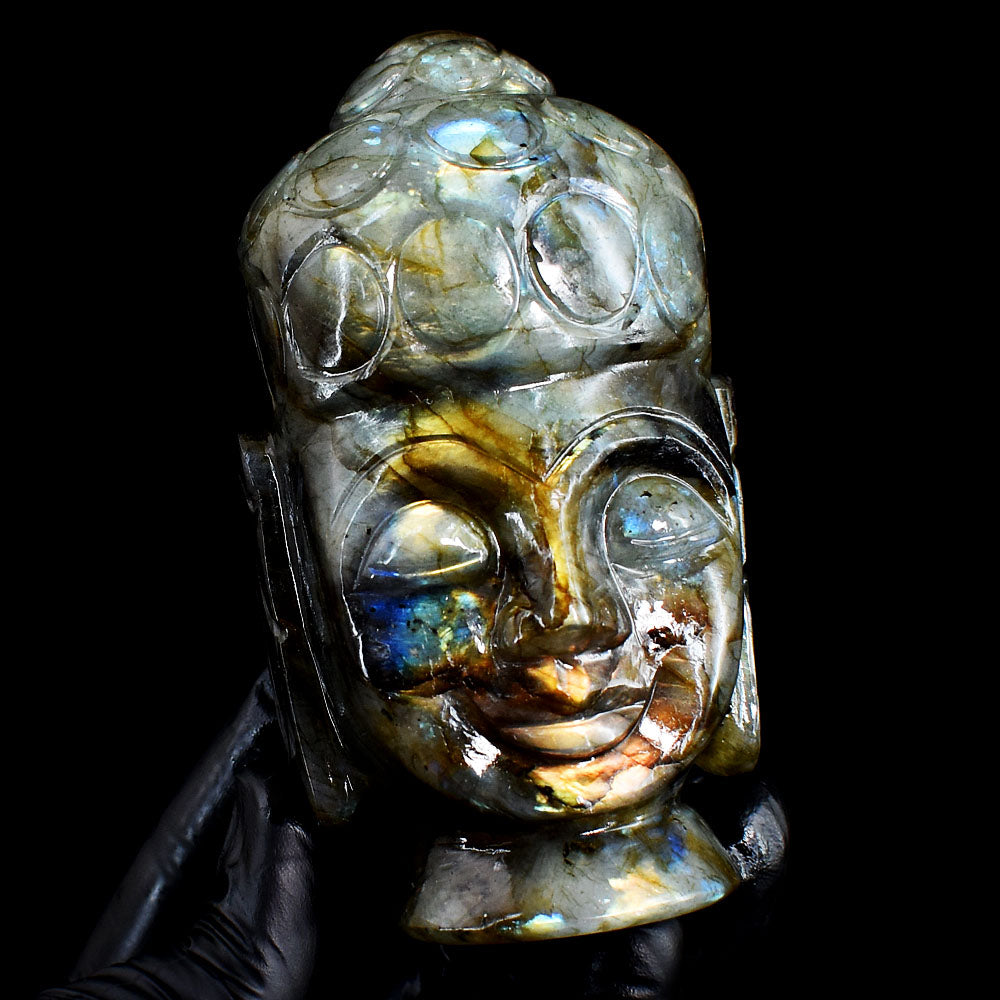 Stunning 2115.00 Cts Genuine Golden & Blue Flash Labradorite Carved Crystal Gemstone Buddha Head