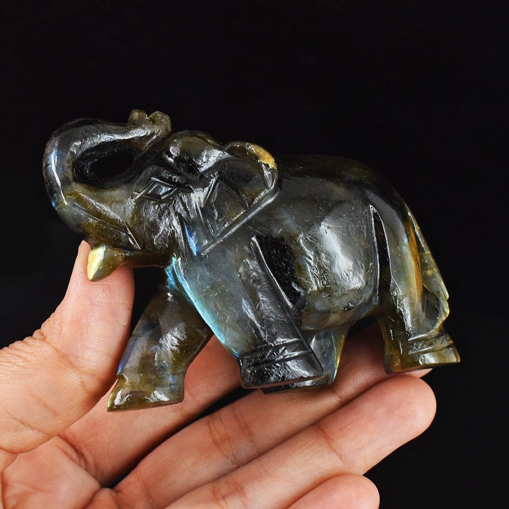 Craftsmen 694.00 Cts Genuine  Labradorite  Hand Carved Crystal Gemstone Carving  Elephant