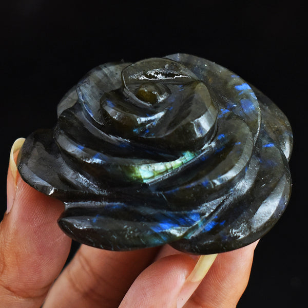 Exclusive Blue Flash Labradorite  337.00 Carats  Genuine  Hand Carved  Gemstone  Rose Flower Carving