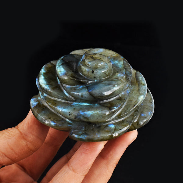 Exclusive 1106.00 Carats  Genuine  Blue  Flash Labradorite Hand Carved  Gemstone  Crystal Rose Flower  Carving