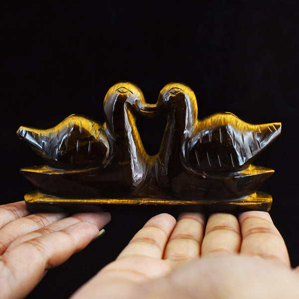 Exclusive 988.00 Carats Genuine Golden  Tiger Eye Hand Carved Crystal Swan Pair Gemstone Carving