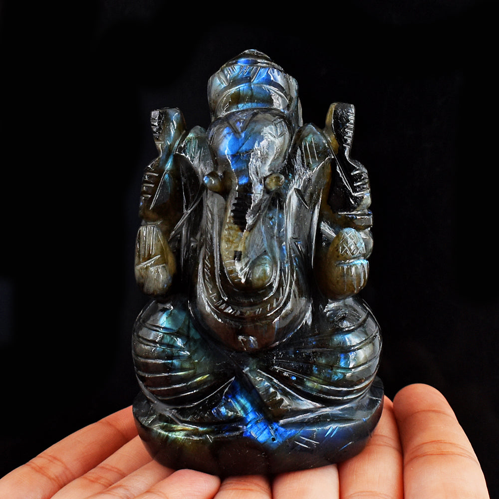 Gorgeous 2445.00 Cts  Genuine  Blue Flash Labradorite Hand Carved Crystal Gemstone Carving Lord Ganesha