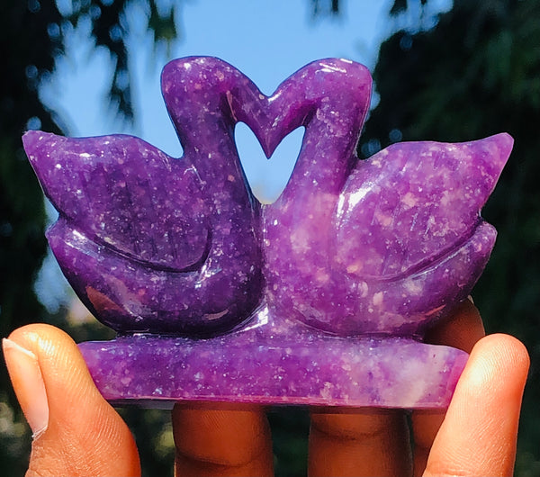 Elegant 431.00 Cts Genuine Lepidolite Carved Love Premium Swan Pair