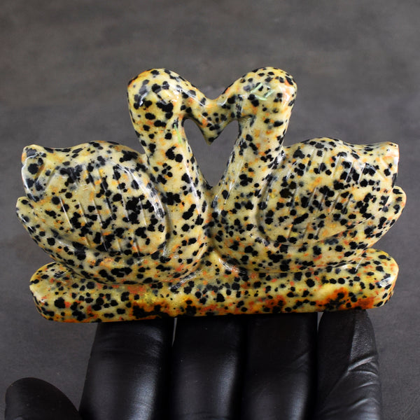 Fabulous 648.00 Cts Genuine Dalmation Jasper Carved Premium Love Swan Pair