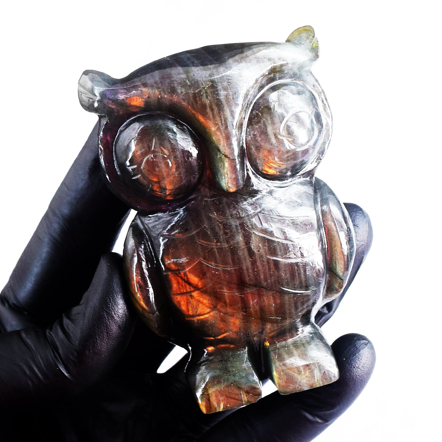 Stunning 1023.00 Cts Genuine Orange Flash Labradorite Hand Carved Premium Crystal Owl