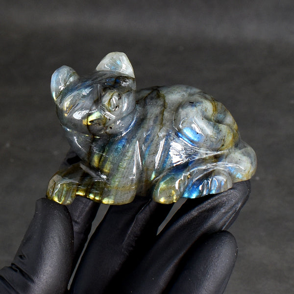 Awesome 595.00 Cts Genuine Amazing Flash Labradorite Hand Carved Crystal Gemstone Cat Carving