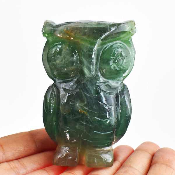 Exclusive  1237.00 Cts Genuine Multicolor Fluorite Hand Carved Crystal Gemstone Owl Carving