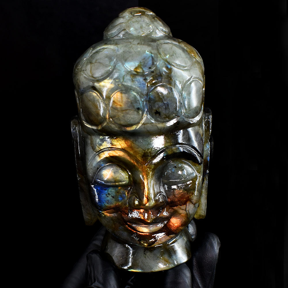 Stunning 2115.00 Cts Genuine Golden & Blue Flash Labradorite Carved Crystal Gemstone Buddha Head