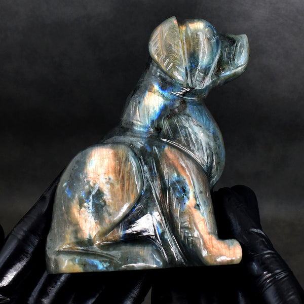 Craftsmen 1956.00 Cts Genuine Orange & Blue Flash Labradorite Hand Carved Dog Crystal Gemstone Carving
